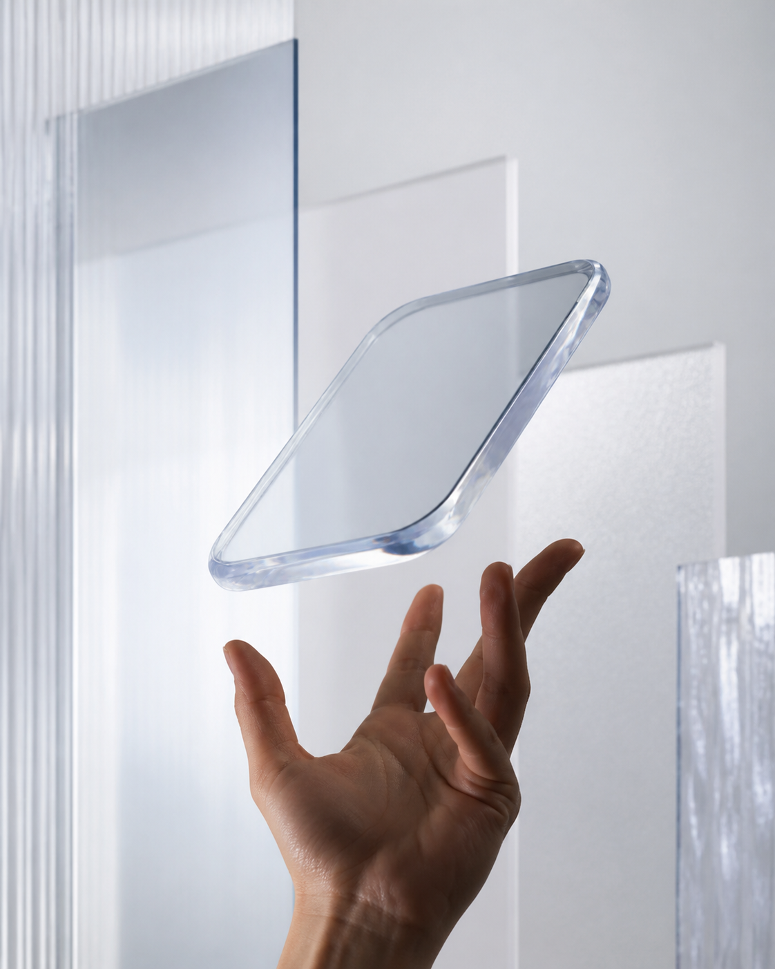 Hand interacting with a clear glass technology object